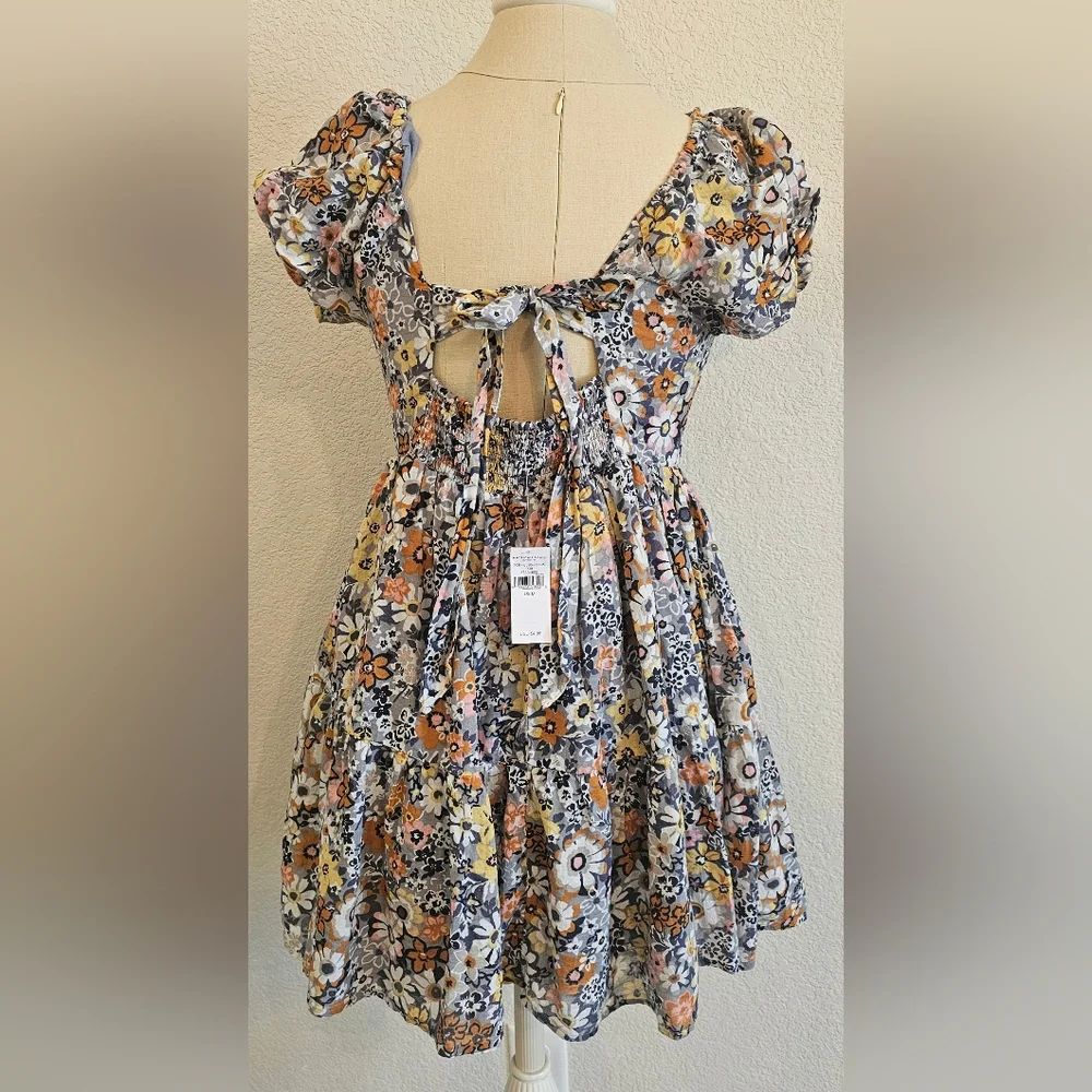NWT AMERICAN EAGLE Puff Sleeve Tie Back Ruched Cotton Floral Short Dress Medium - Picture 9 of 15